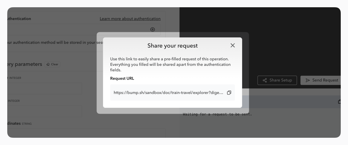 Image of the sharing modal of the API Explorer